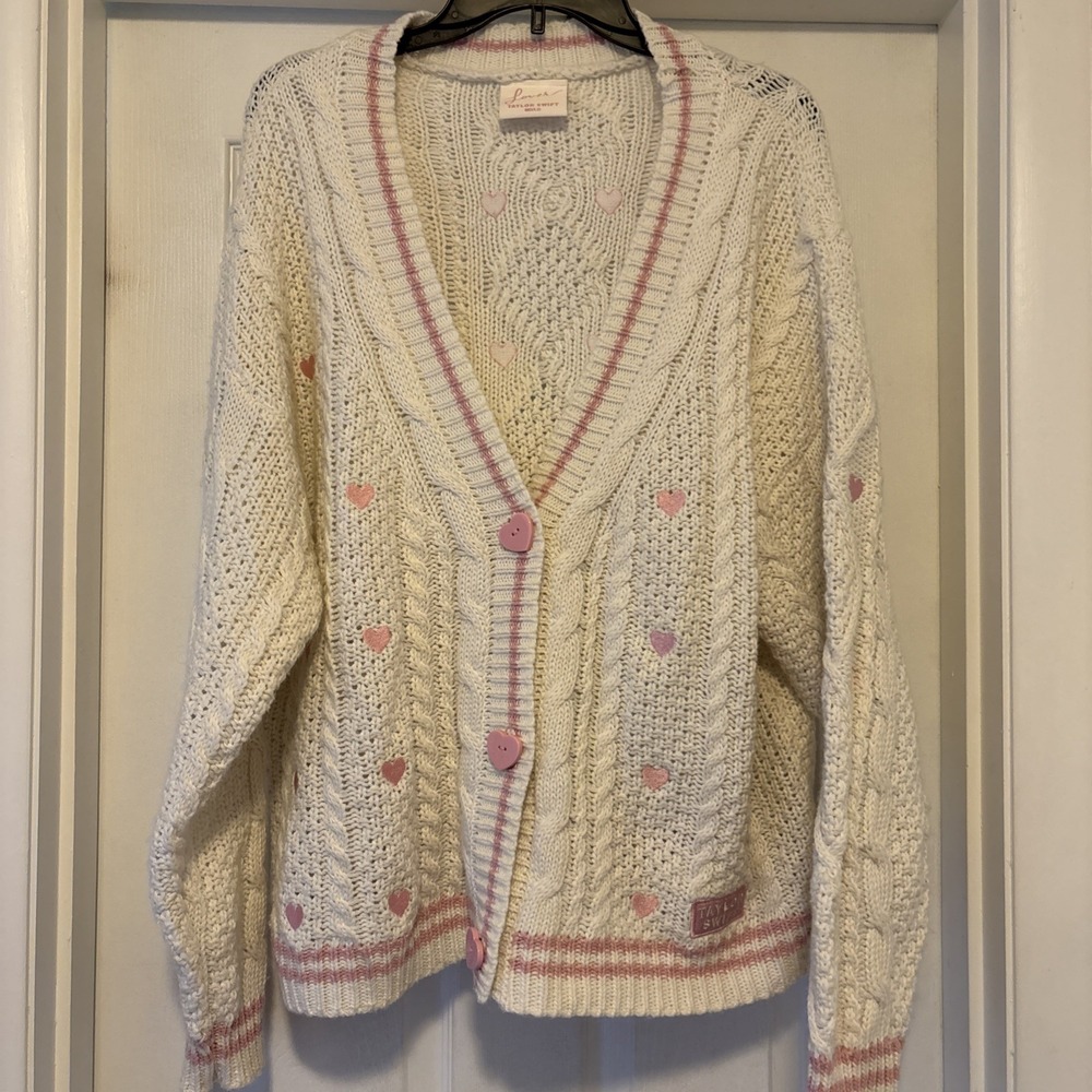Taylor Swift Lover Cardigan Cream Pink Heart Cable Chunk Knit Official Merch M/L